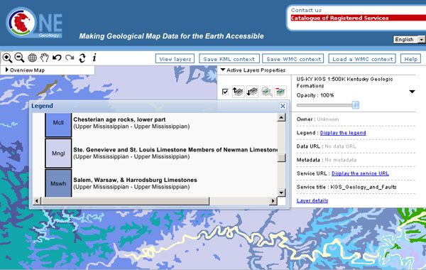 Example of GetCapabilities data that may be obtained from the Active Layer properties dialogue, with popup legend from the Display Legend link