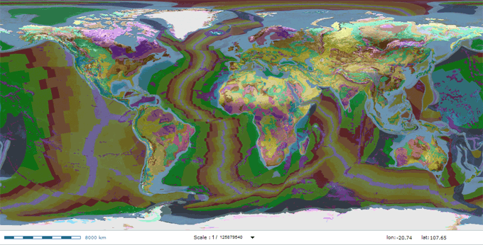 Screenshot des OneGeology-Portals mit dem CGMW 1:25M-Layer für geologische Einheiten bei 40 % Opazität