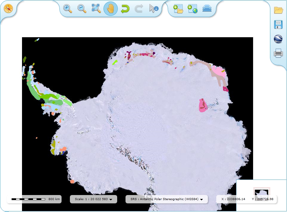 Map layers from the Southern hemisphere showing in the Antarctic Polar Stereographic (WGS84) ~ EPSG:3031 projection