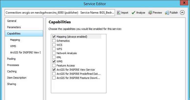 Capabilities option in Service Editor dialog