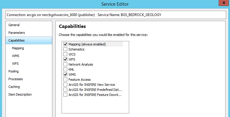 Enabling WFS capabilities in Service Editor dialog