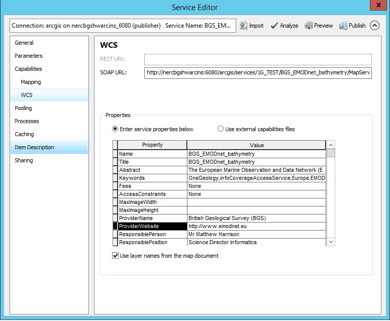 WCS service properties