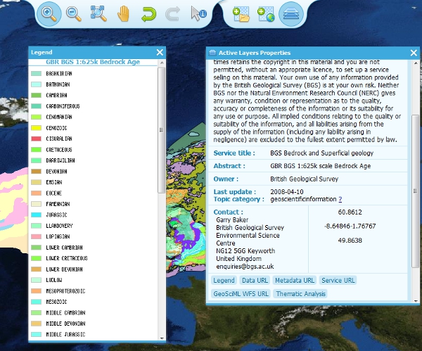 Example of GetCapabilities data that may be obtained from the Active Layer properties dialogue, with pop-up legend from the Legend link