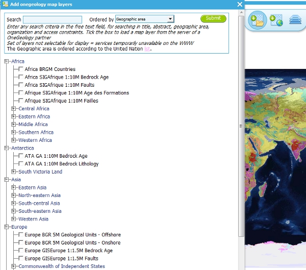 OneGeology Portal catalogue map layers listed by Geographic area. Use the options in this window to control which maps are displayed, and how they are displayed