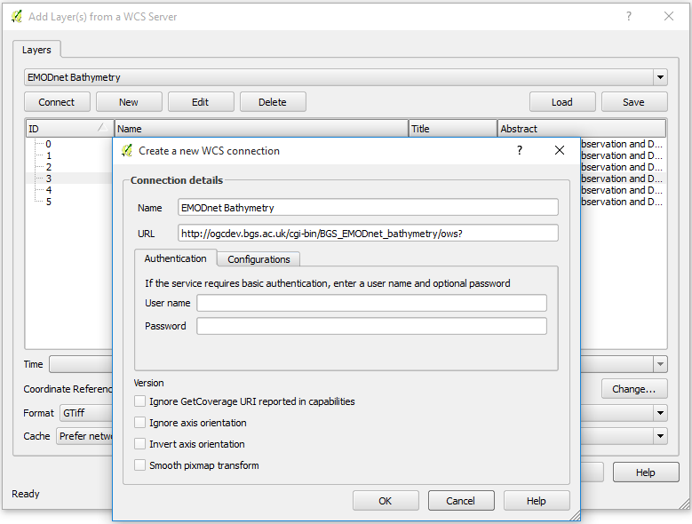 Creating a connection to a WCS service