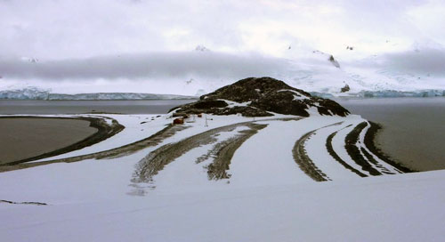 Длинные изогнутые гребни, выглядывающие из-под снега – это и есть ряды намывных береговых террас. Остров Полумесяца, Южные Шетландские острова, Антарктида. © Abigail Burt