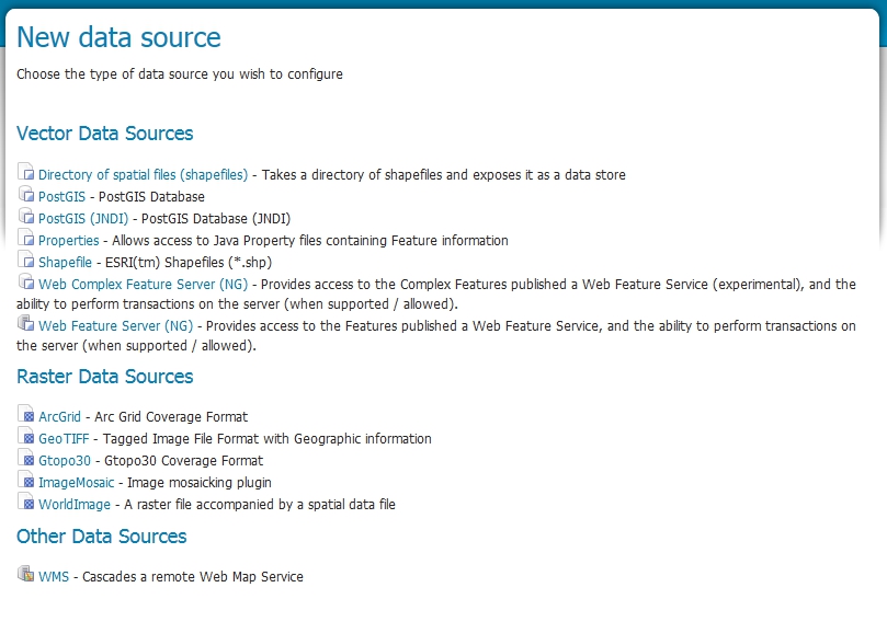 GeoServer data store options (version 2.8-beta)